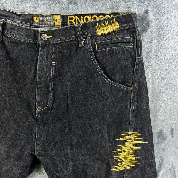 Akademiks Jeans Baggy Denim Men 40 x 35 Vintage Y2K Rap Hip Hop Black Gray Gold - Picture 16 of 16